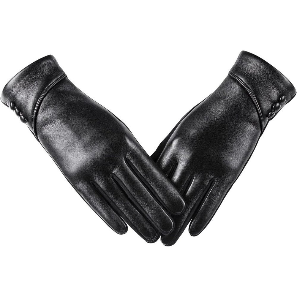 🆕Women's Black Winter Leather Touch Screen Wool Lined Warm Dress Gloves